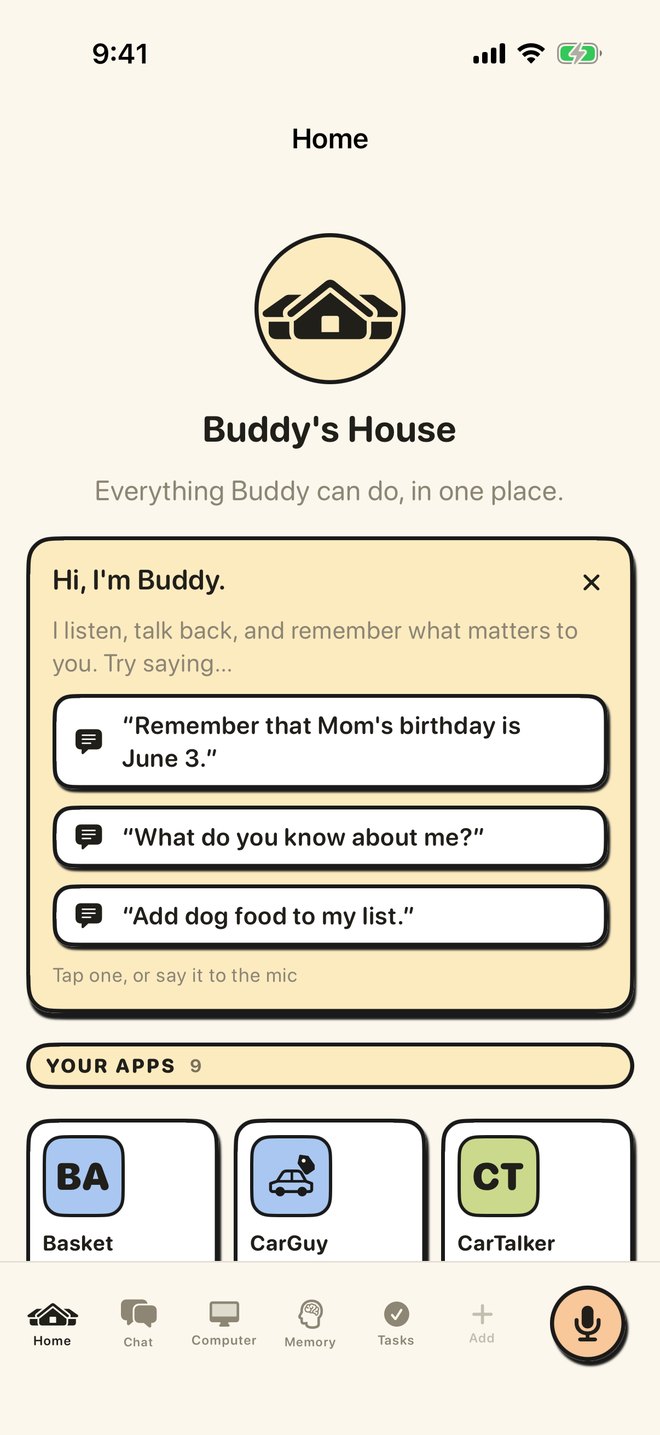 Buddy’s Home screen: Buddy’s House, a card of three things to try saying, and your apps