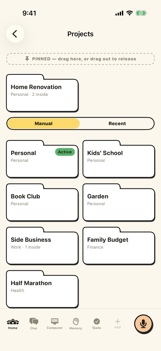 Buddy’s Projects screen: folders like Home Renovation, Kids’ School, Book Club, Garden and Side Business